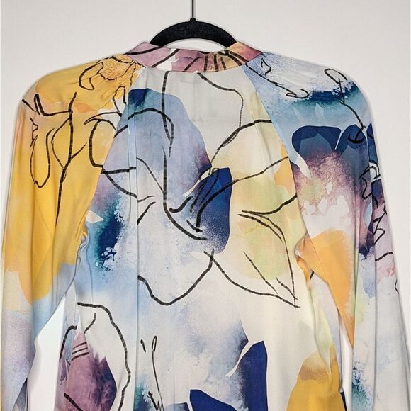 Tucker Long Sleeve Polo Blouse Watercolor Dream in Stretch Georgette Silk Floral - Picture 7 of 9